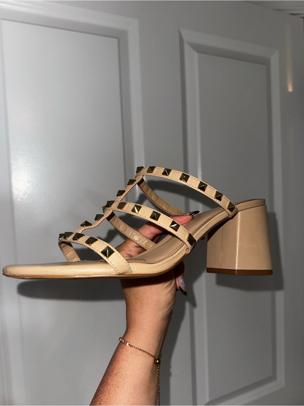 Gianni Bini Beige Studded Strappy Block Heel Sandals - Women's 9